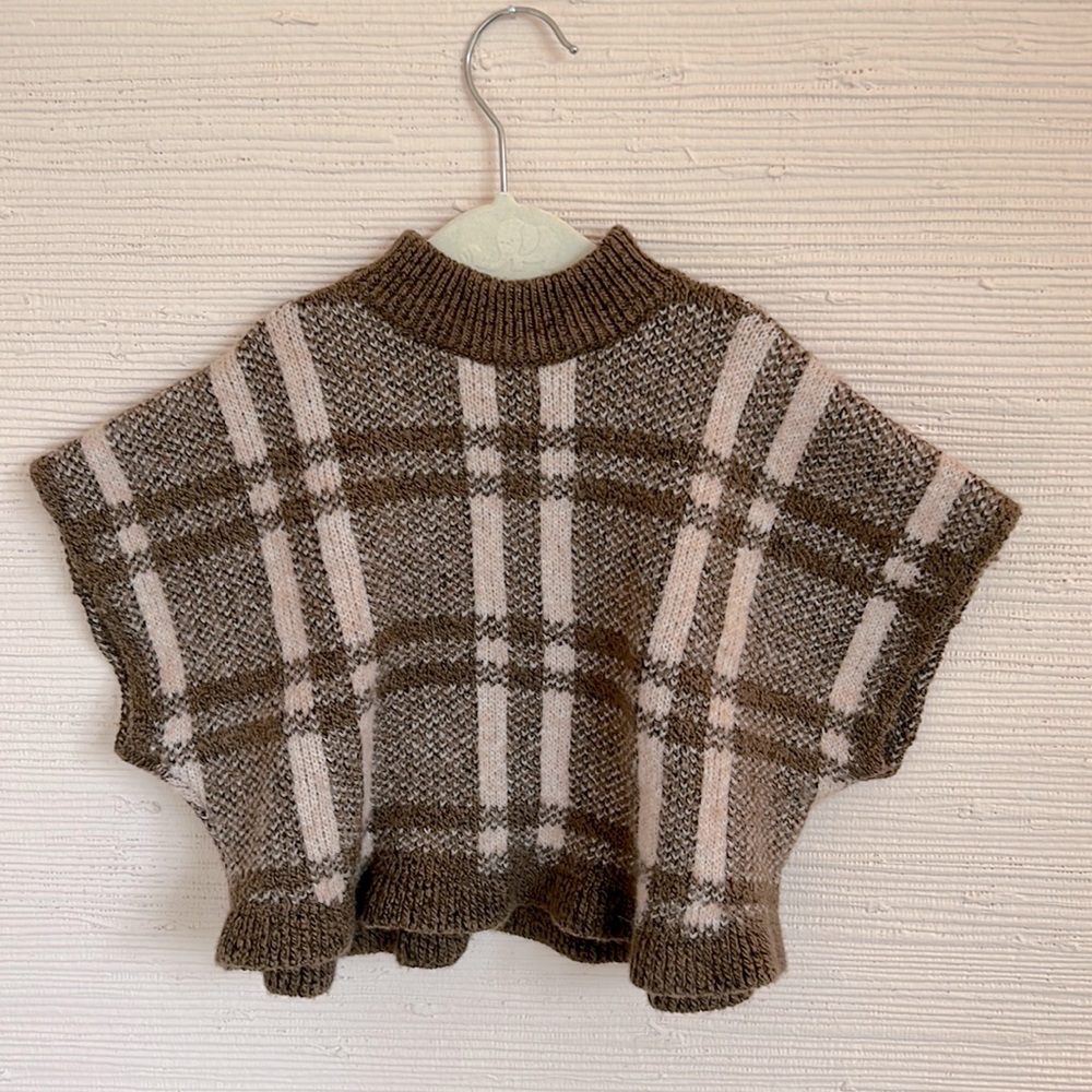 Zara baby sweater cape in brown and pink plaid, 9-12 months